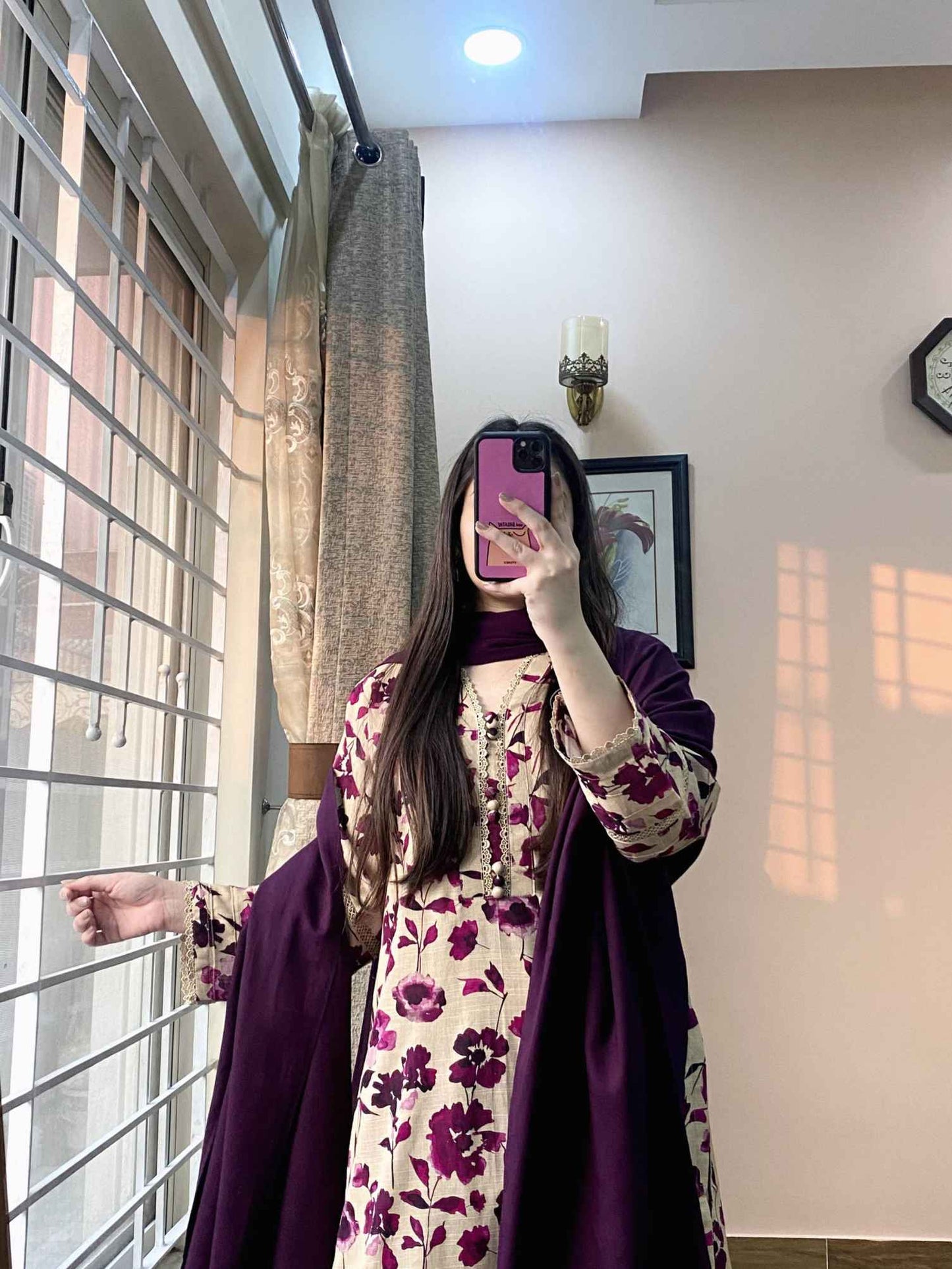 3 Piece -Pure Lawn Printed Purple floral Dress -051