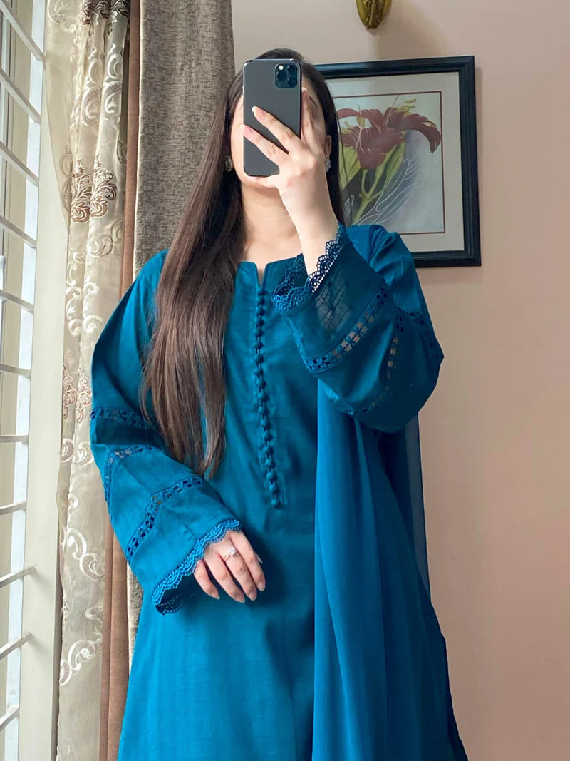 3 Piece Pure Lawn Stitch Suit with Farshi Shalwar 203
