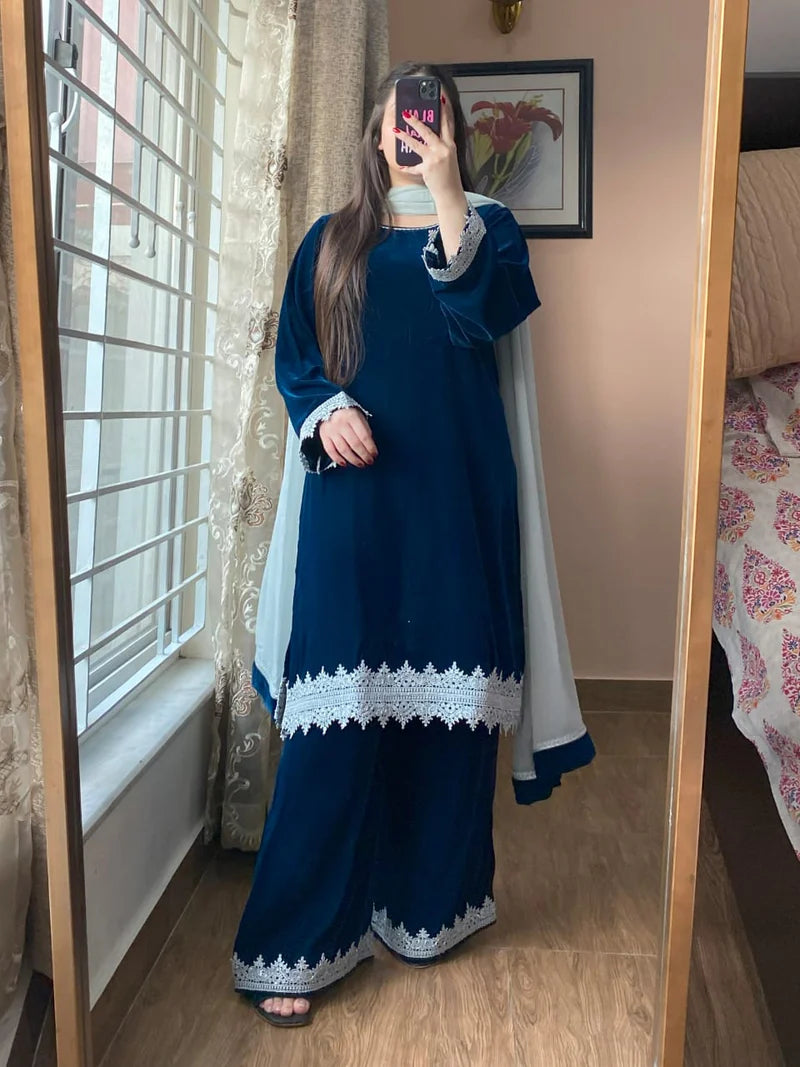 3-Piece Velvet Stitched Dress-213