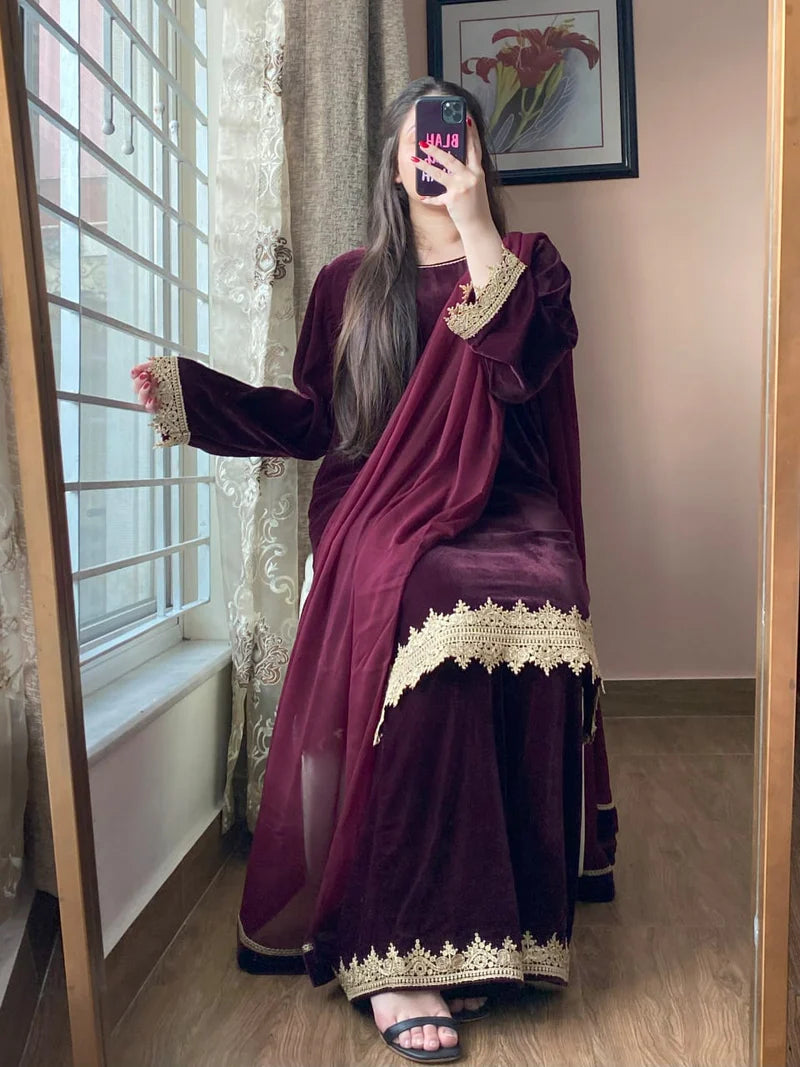 3-Piece Velvet Stitched Dress-214