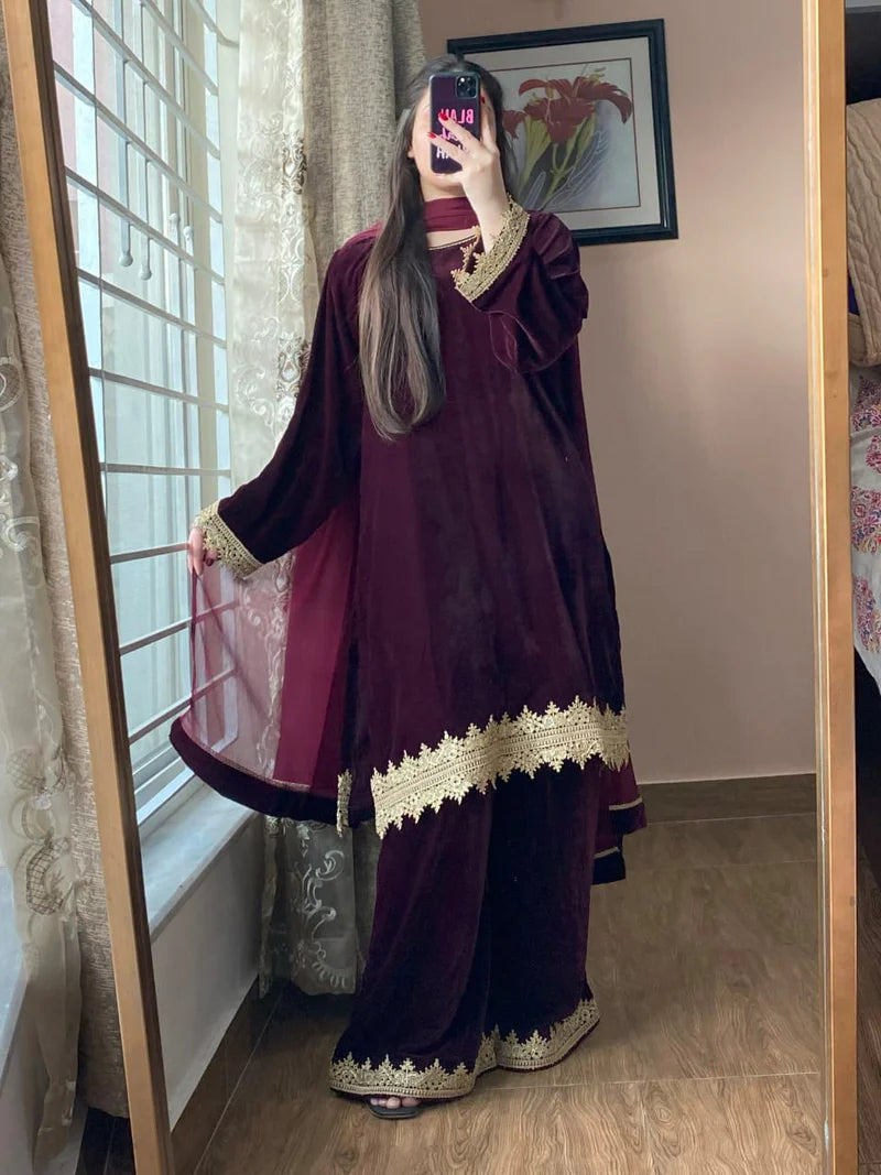 3-Piece Velvet Stitched Dress-214