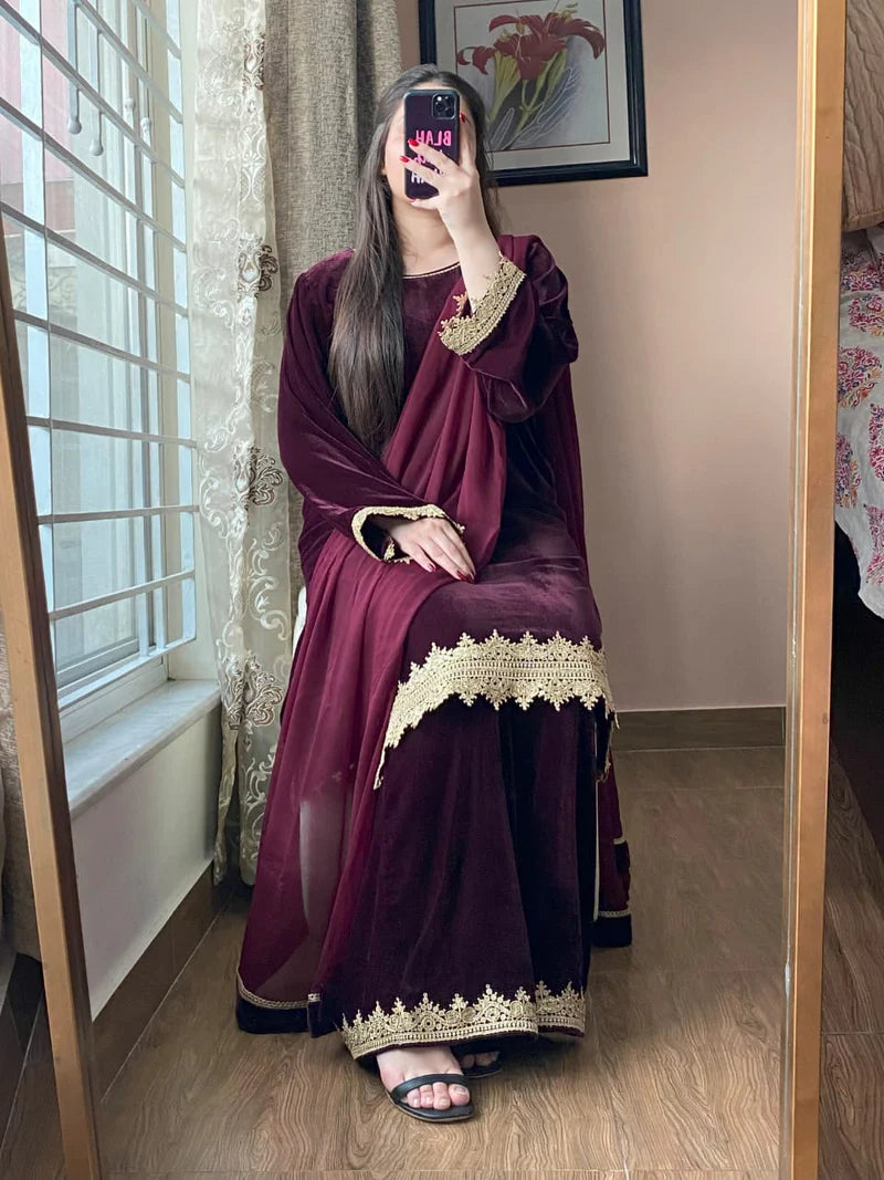 3-Piece Velvet Stitched Dress-214