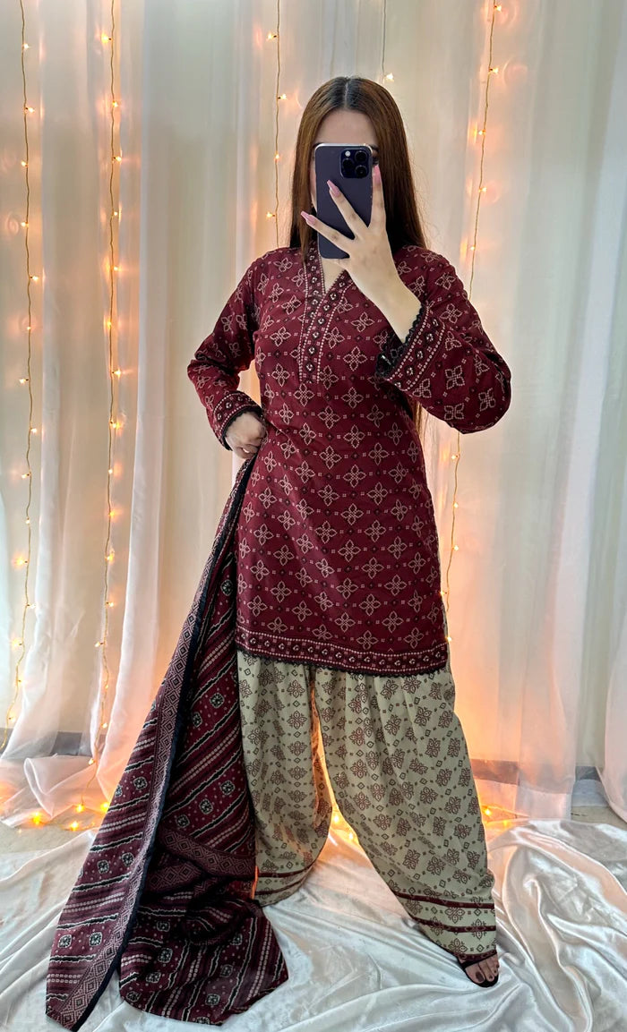 3 Piece Lawn Printed Stitched Dress - 020