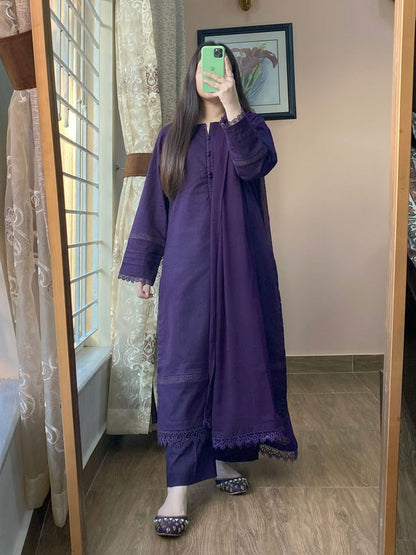 3 Piece - Dobby Self Plain Khaddar - 044