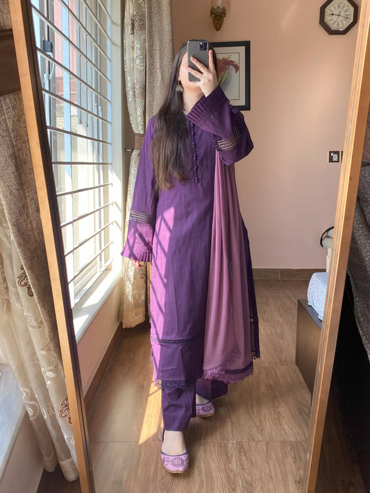 3 Piece -Lawn Solid Dress-102