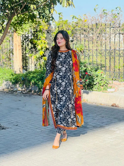 3 Piece Lawn Printed Stitched Dress - 021