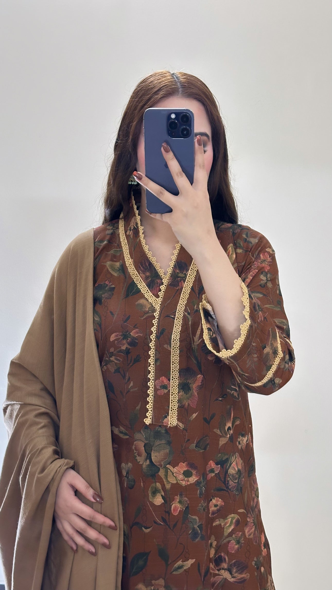 3 Piece - Khaddar Printed Brown Dress -053