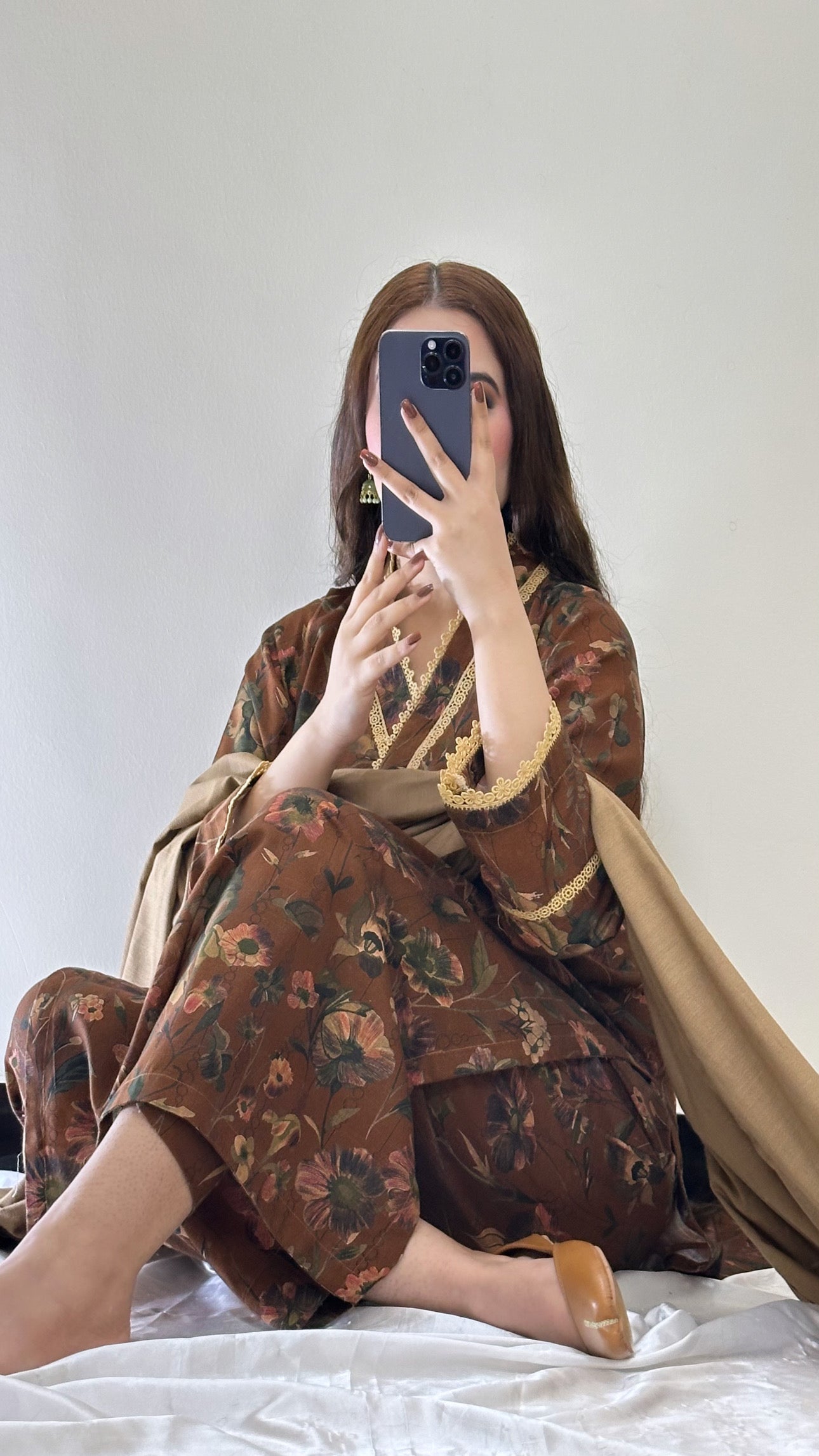 3 Piece - Khaddar Printed Brown Dress -053