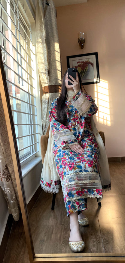 3 Piece- Pure Lawn Prinred Stitched Dress - 074