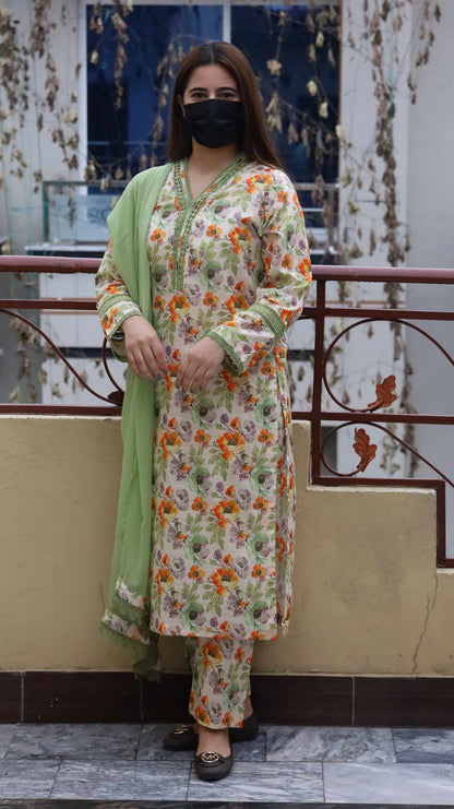 3 Piece - Bana Dora Lawn Stitched Dress- 081