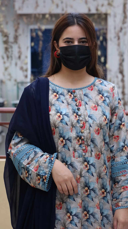 3 Piece -Bana Dora Lawn Stitched Dress - 080