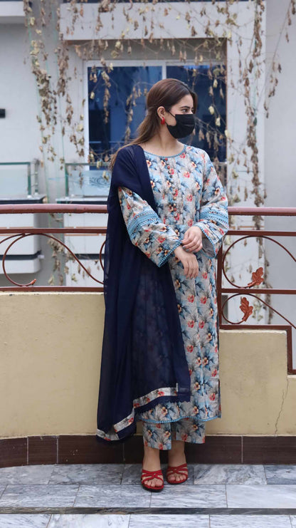 3 Piece -Bana Dora Lawn Stitched Dress - 080