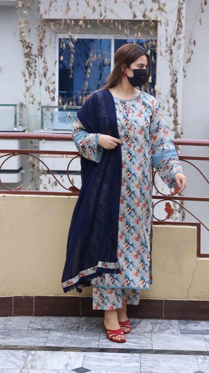 3 Piece -Bana Dora Lawn Stitched Dress - 080