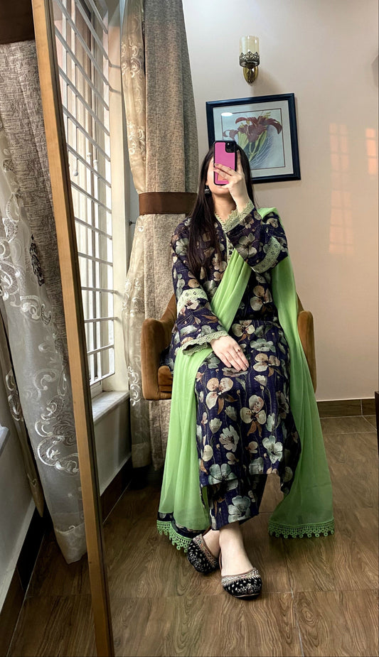 3 Piece - Bana Dora Premium Lawn Stitched Dress - 054