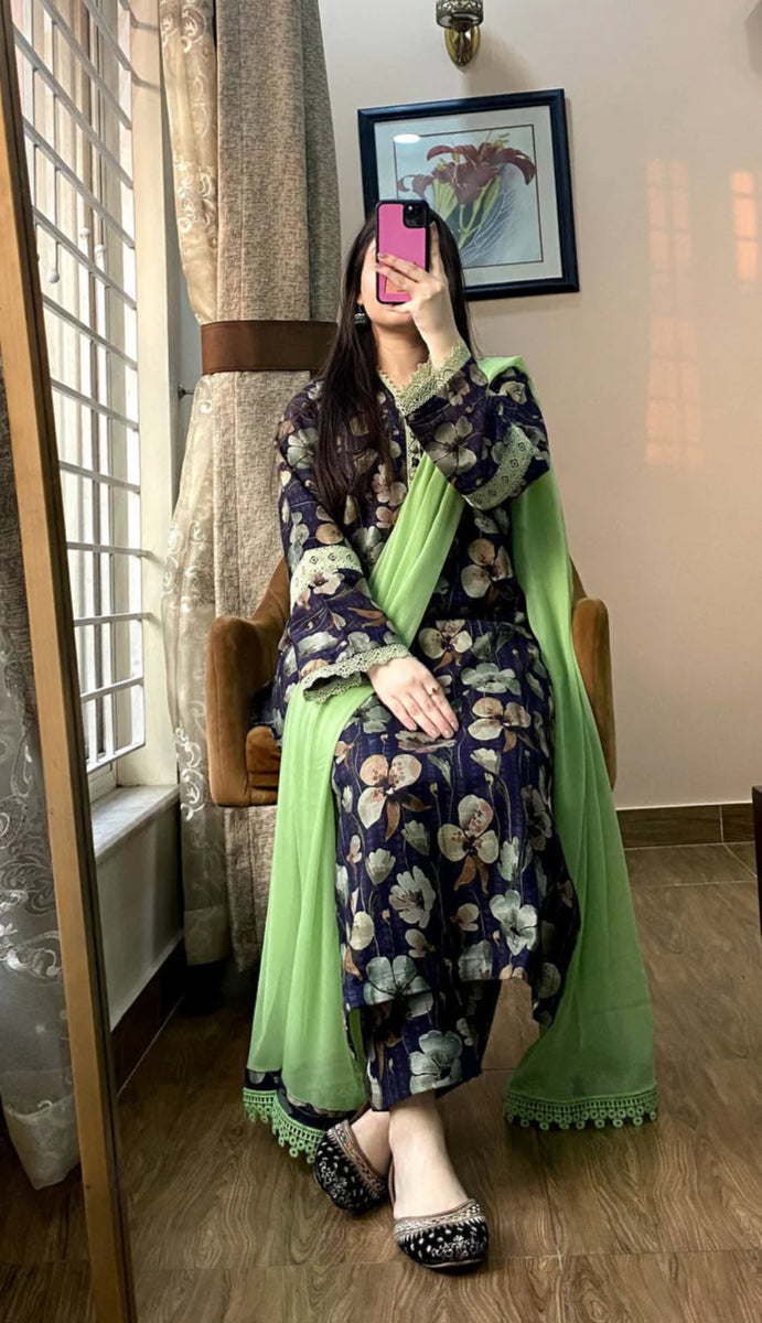 3 Piece -Dobby Viscose Stitched Dress -054