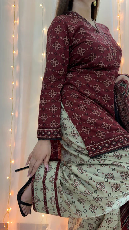 3 Piece Lawn Printed Stitched Dress - 020