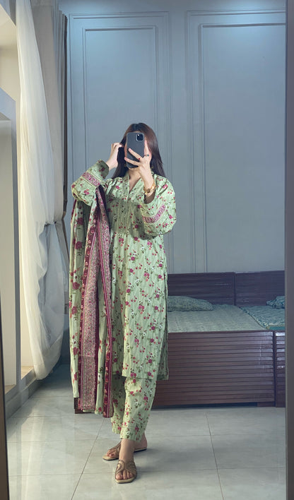 3 Piece -Pure  Lawn Stitched Dress - 096