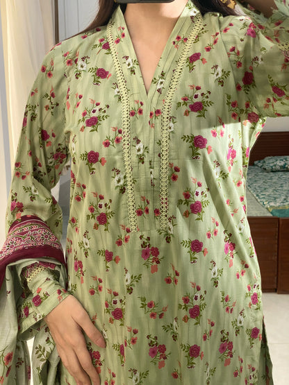3 Piece -Pure  Lawn Stitched Dress - 096
