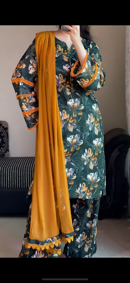 3 Piece - Lawn Bana Dora Stitched Dress-123