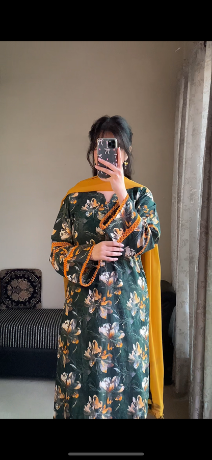 3 Piece - Lawn Bana Dora Stitched Dress-123