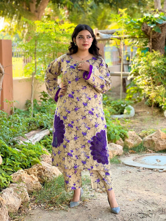 2PC Slub Khaddar beige-Stitched
