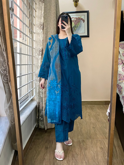 3Pc Luxury Embroidered Lawn Stitched Dress - Fancy 113