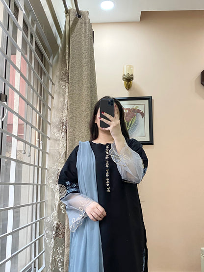 3 Piece Embroidered Lawn Stitched Dress - 119-BLACK