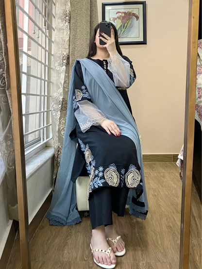 3 Piece Embroidered Lawn Stitched Dress - 119-BLACK