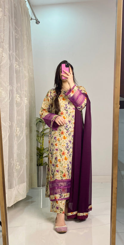 3 Piece Premium Lawn Stitched Dress - 122