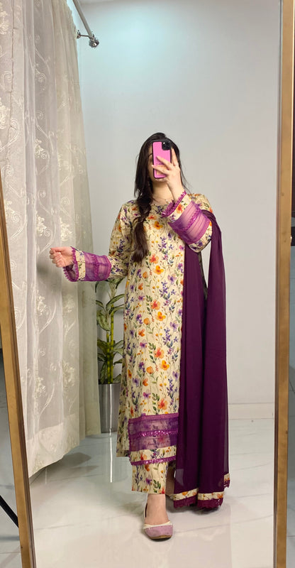 3 Piece Premium Lawn Stitched Dress - 122