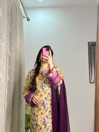 3 Piece Premium Lawn Stitched Dress - 122