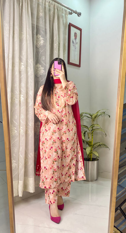 3 Piece -Pure Lawn Stitched Dress - 124