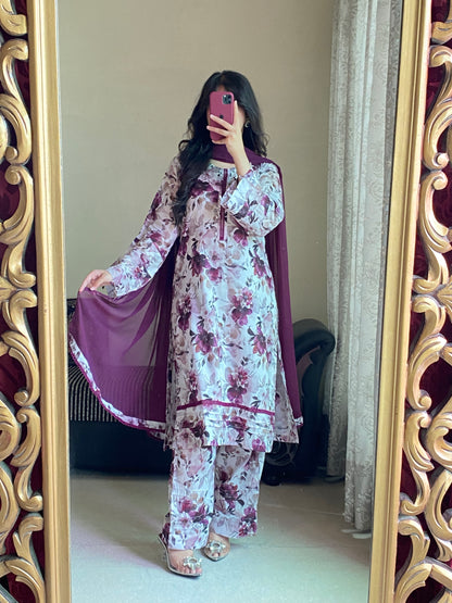 3 Piece - Lawn Printed Stitched Dress - 1002