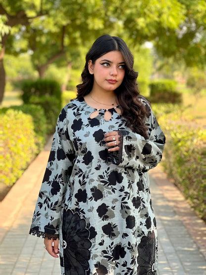 2PC Slub Khaddar Black-Stitched