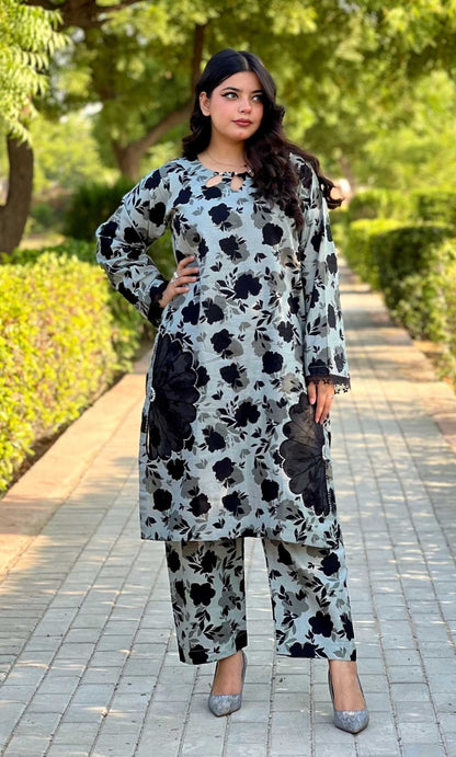 2PC Slub Khaddar Black-Stitched