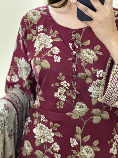 3 Piece Lawn Printed Stitched Dress - 024