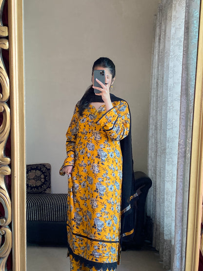 3 Piece -Winter Slub Linen Stitched-058