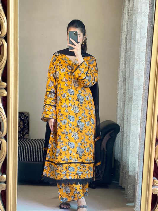 3 Piece -Winter Slub Linen Stitched-058