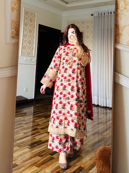 3-Piece- Winter Slub Lenan Stitched Dress - 056