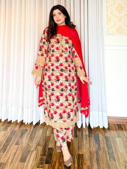 3-Piece- Winter Slub Lenan Stitched Dress - 056