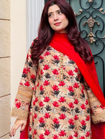 3-Piece- Winter Slub Lenan Stitched Dress - 056