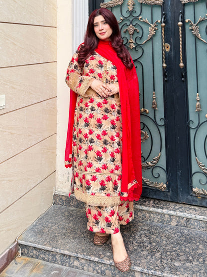 3-Piece- Winter Slub Lenan Stitched Dress - 056