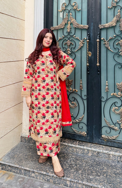 3-Piece- Winter Slub Lenan Stitched Dress - 056