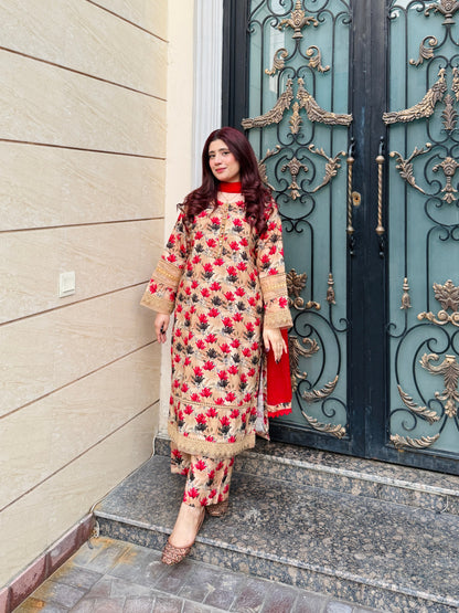 3-Piece- Winter Slub Lenan Stitched Dress - 056