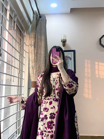 3 Piece - Khaddar Printed Purple floral Dress -051