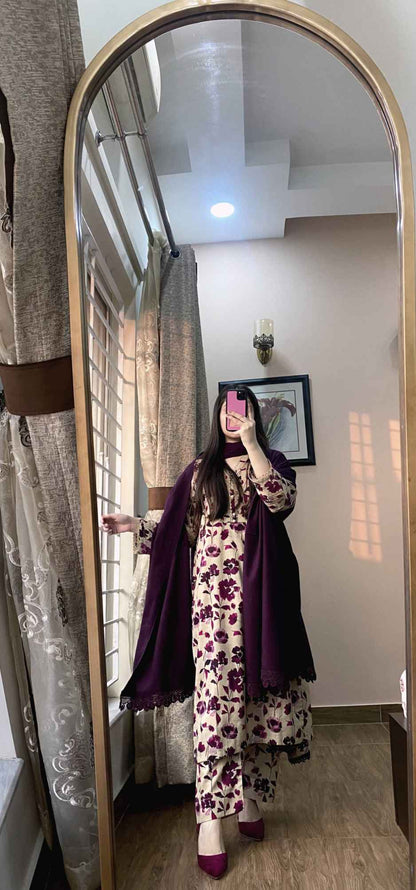 3 Piece - Khaddar Printed Purple floral Dress -051
