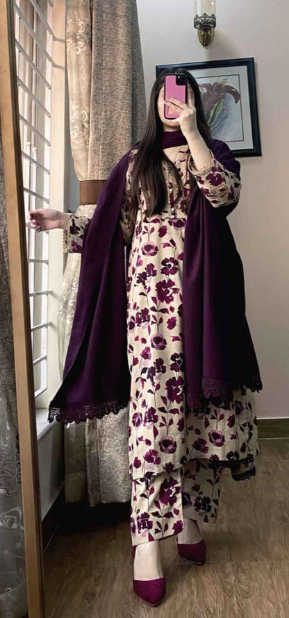 3 Piece -Pure  Lawn Printed Purple floral Dress -051