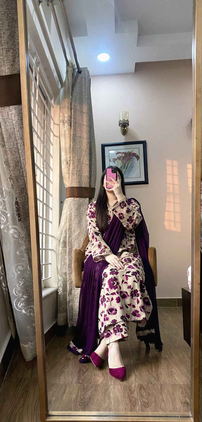 3 Piece - Khaddar Printed Purple floral Dress -051