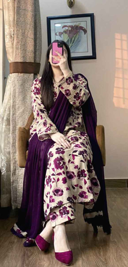 3 Piece -Pure  Lawn Printed Purple floral Dress -051
