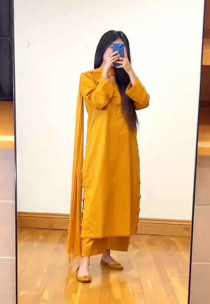 3 Piece - Soft Karandi Mustard colour Stitched 047